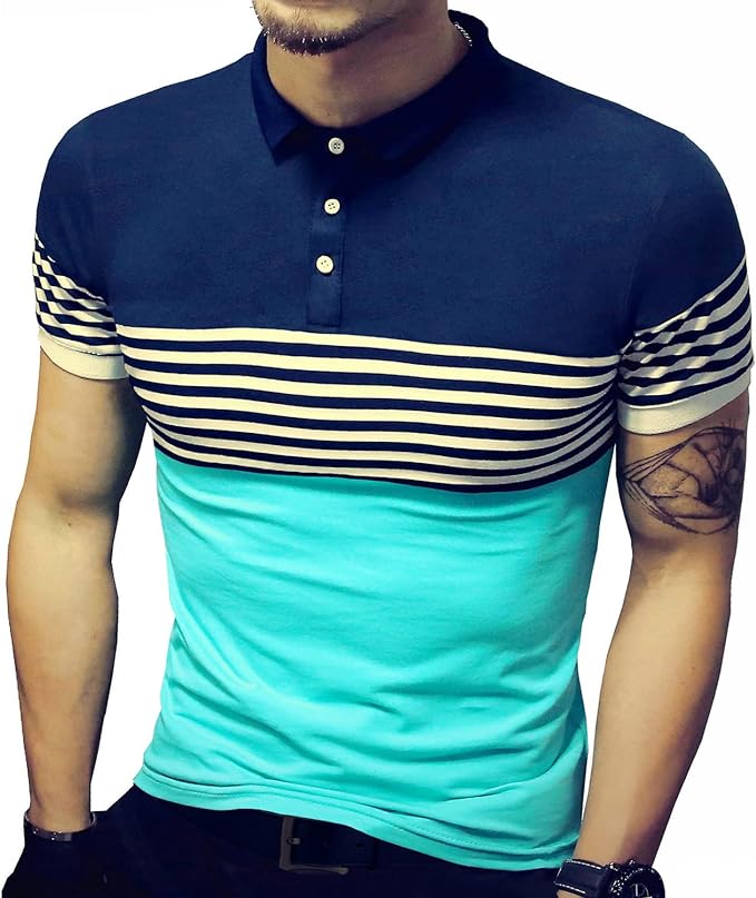 Camisetas masculinas verão slim fit contraste cor costura listrada manga curta polo casual