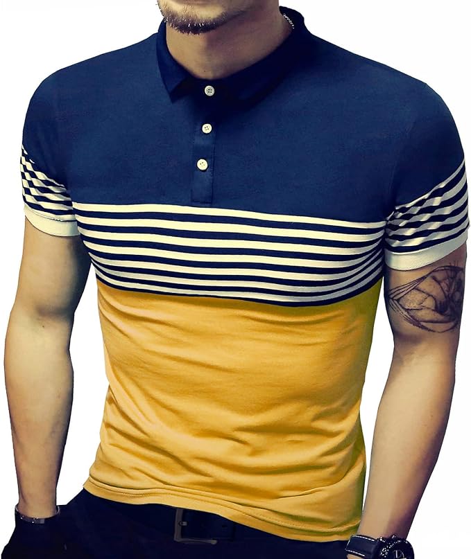 Camisetas masculinas verão slim fit contraste cor costura listrada manga curta polo casual
