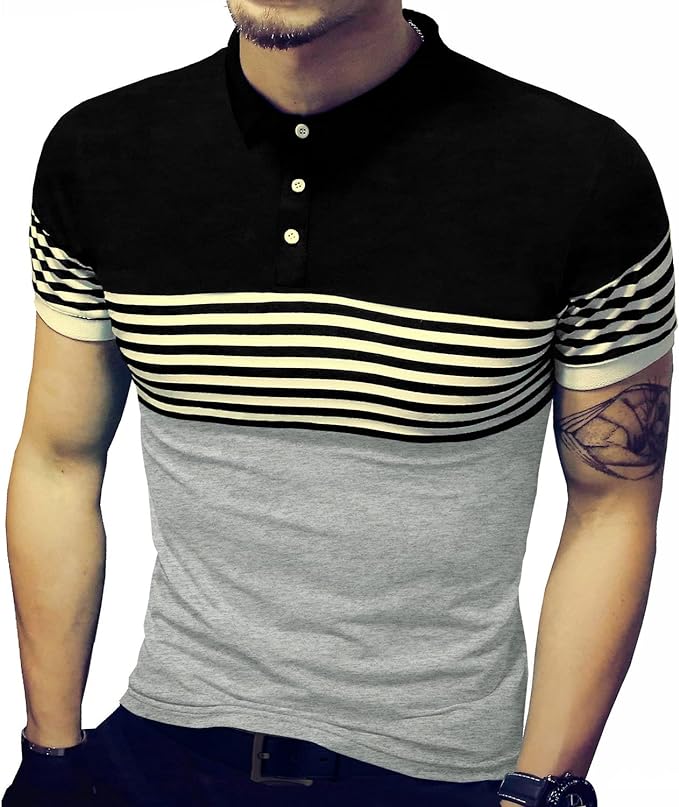 Camisetas masculinas verão slim fit contraste cor costura listrada manga curta polo casual