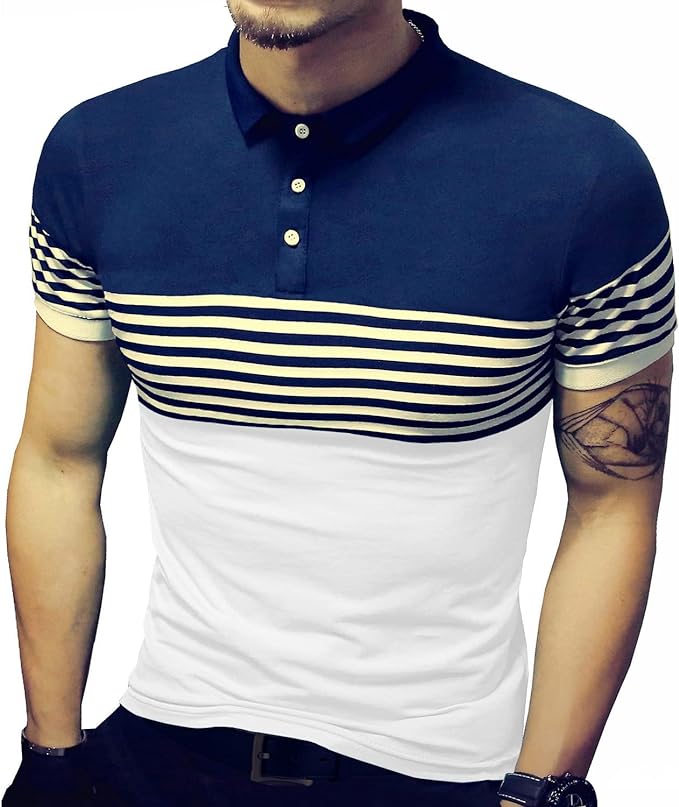 Camisetas masculinas verão slim fit contraste cor costura listrada manga curta polo casual