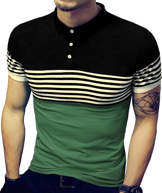 Camisetas masculinas verão slim fit contraste cor costura listrada manga curta polo casual