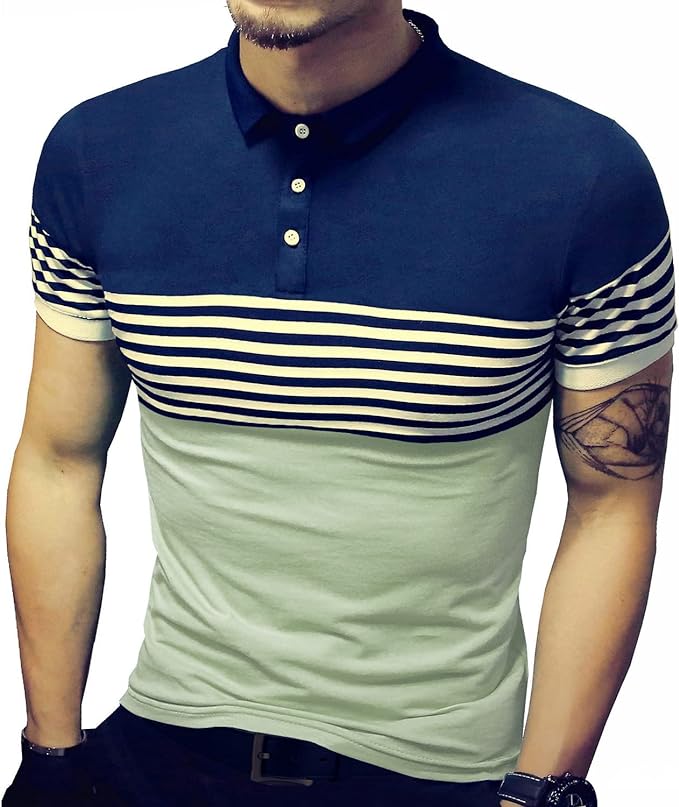 Camisetas masculinas verão slim fit contraste cor costura listrada manga curta polo casual