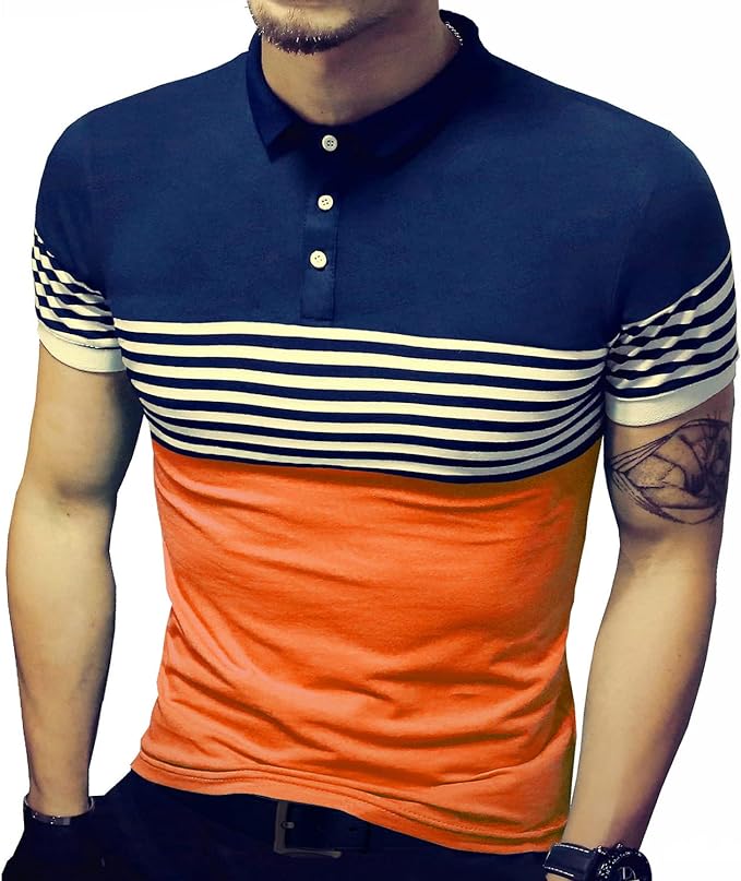 Camisetas masculinas verão slim fit contraste cor costura listrada manga curta polo casual