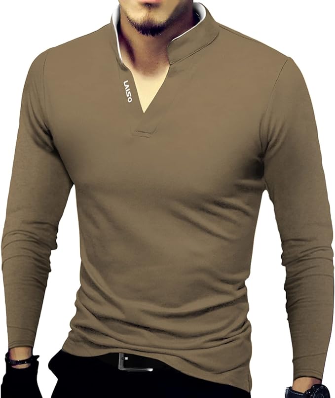 Camisa polo masculina fashion manga comprida slim fit Henley camisetas roupas de algodão