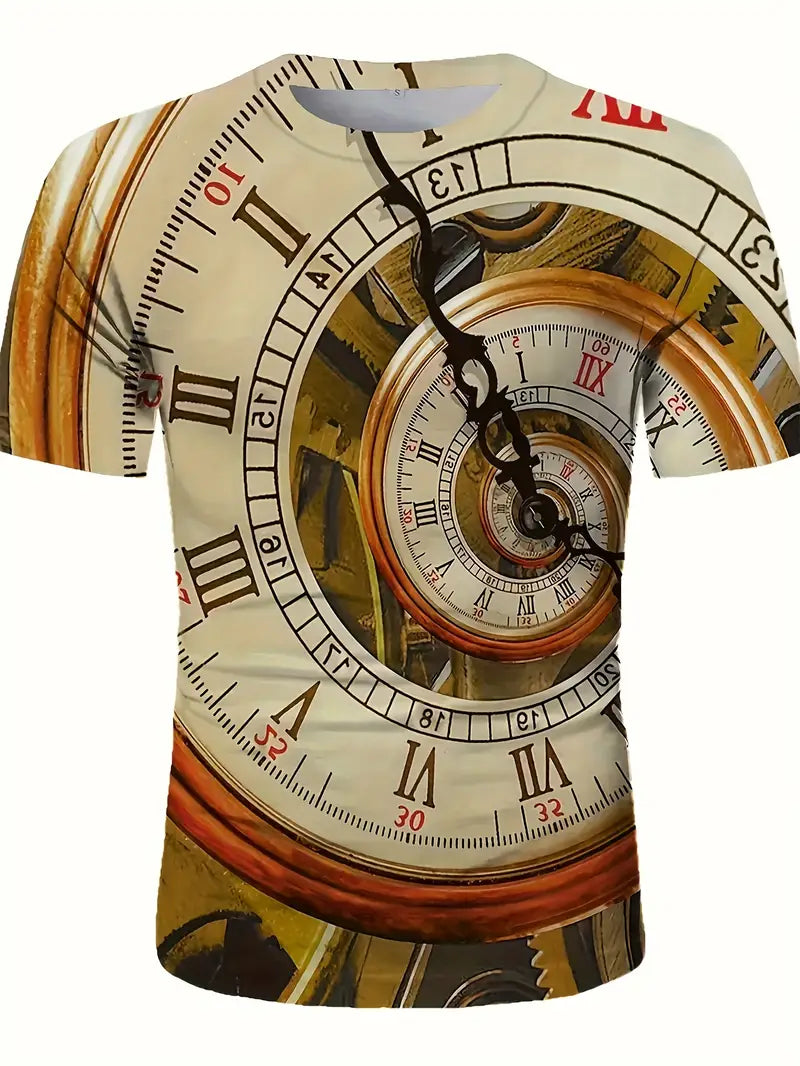 Camiseta masculina engraçada de impressão 3D com estampa abstrata de relógio
