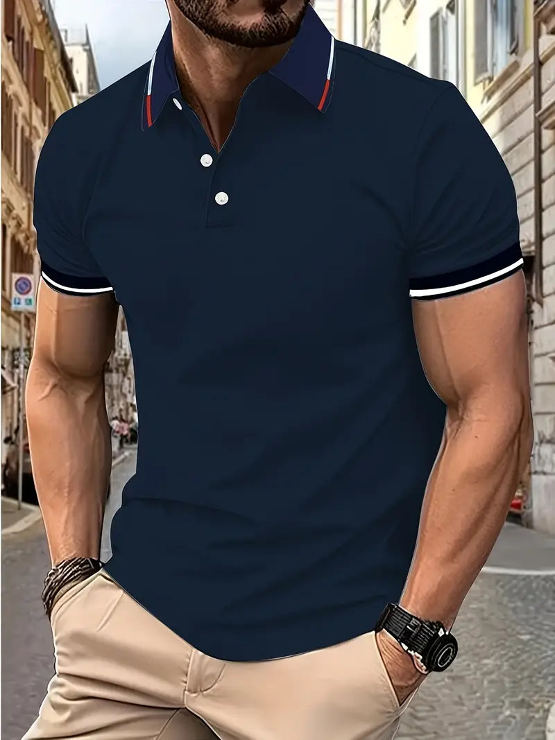 Camiseta de Golfe casual de Manga curta e Gola para homens, com detalhes contrastantes