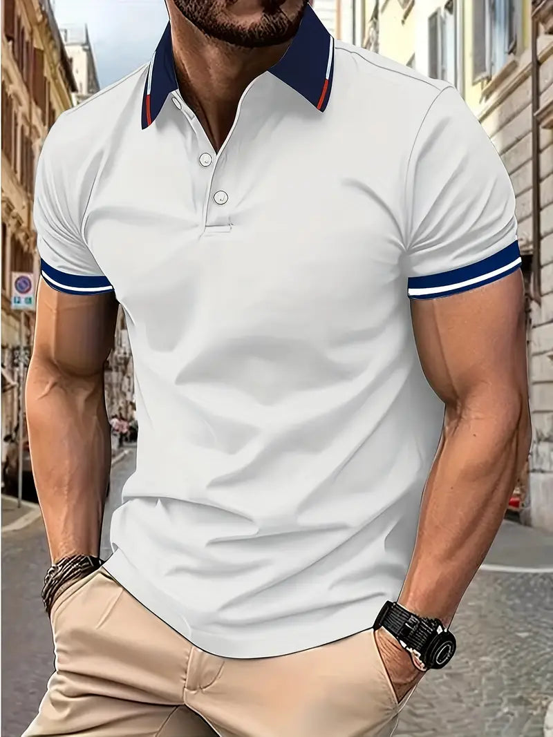Camiseta de Golfe casual de Manga curta e Gola para homens, com detalhes contrastantes