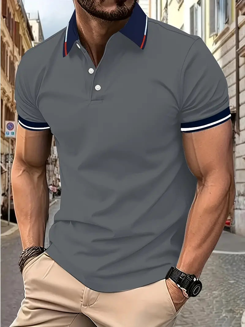 Camiseta de Golfe casual de Manga curta e Gola para homens, com detalhes contrastantes