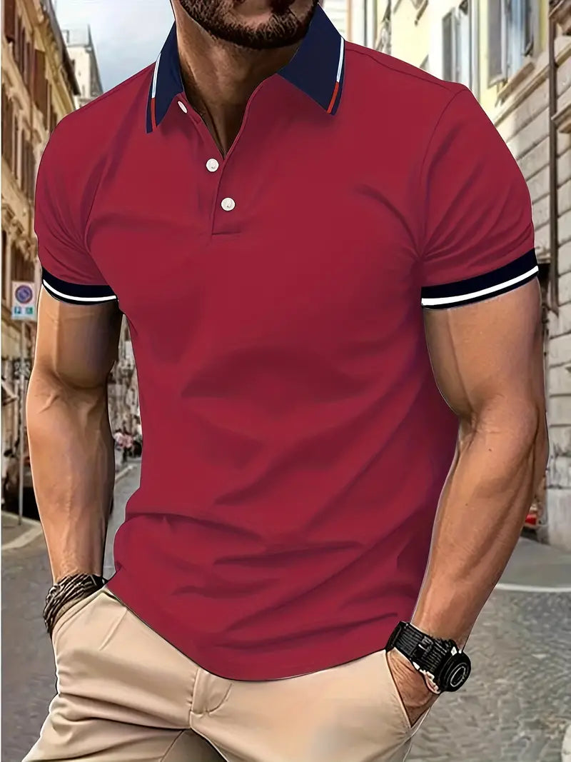 Camiseta de Golfe casual de Manga curta e Gola para homens, com detalhes contrastantes