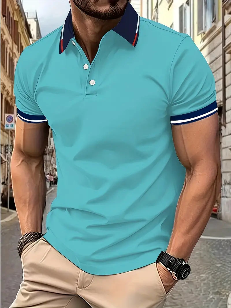 Camiseta de Golfe casual de Manga curta e Gola para homens, com detalhes contrastantes