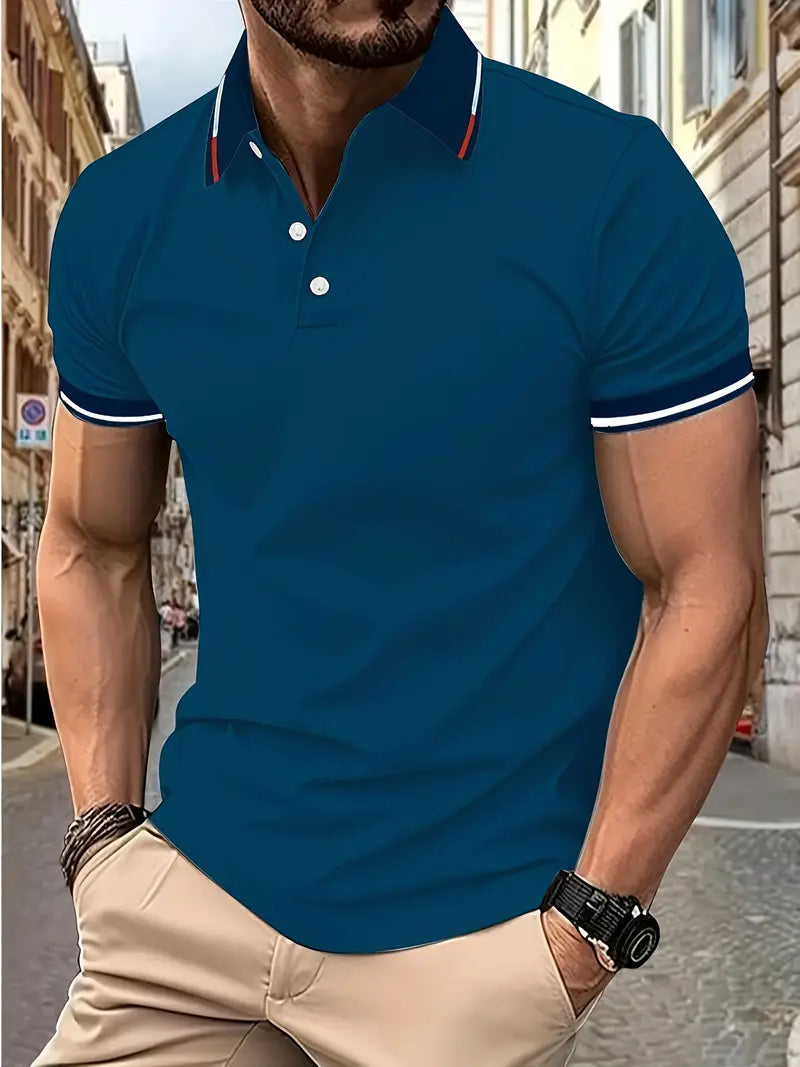 Camiseta de Golfe casual de Manga curta e Gola para homens, com detalhes contrastantes