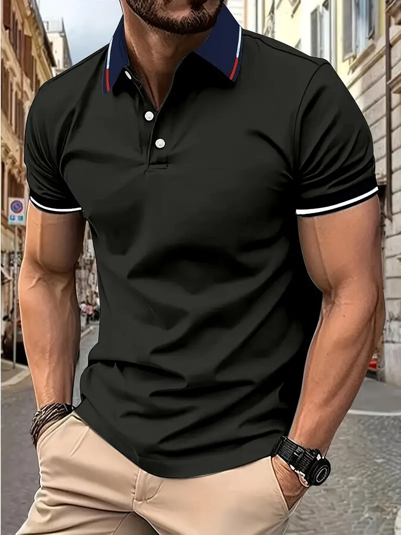 Camiseta de Golfe casual de Manga curta e Gola para homens, com detalhes contrastantes