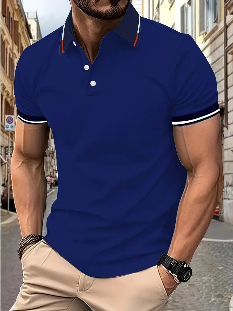Camiseta de Golfe casual de Manga curta e Gola para homens, com detalhes contrastantes
