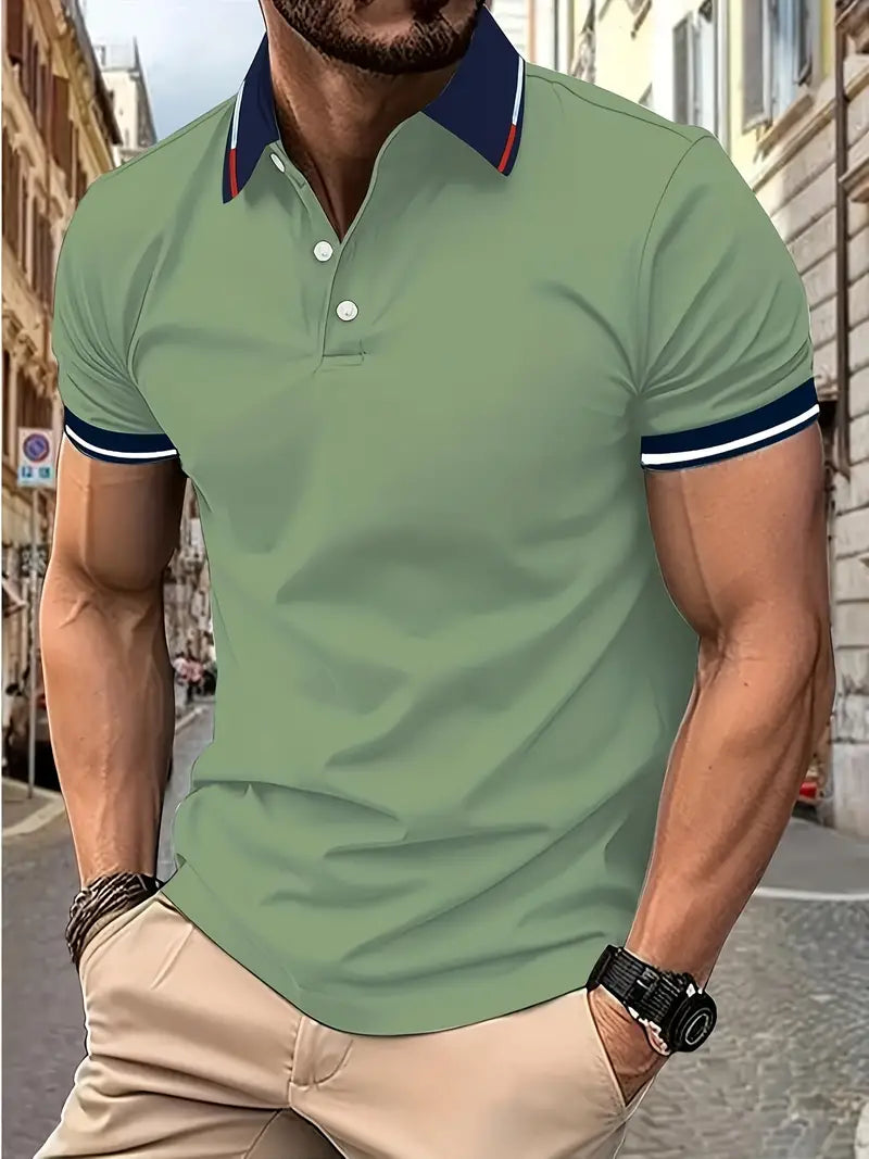Camiseta de Golfe casual de Manga curta e Gola para homens, com detalhes contrastantes