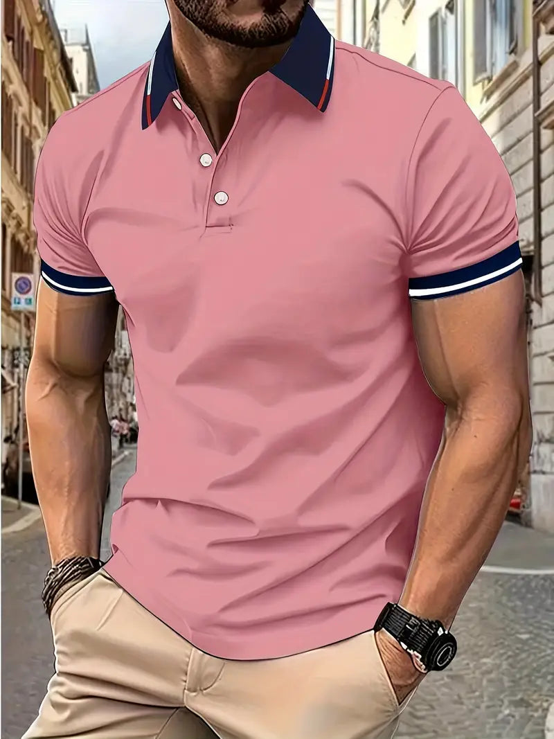 Camiseta de Golfe casual de Manga curta e Gola para homens, com detalhes contrastantes
