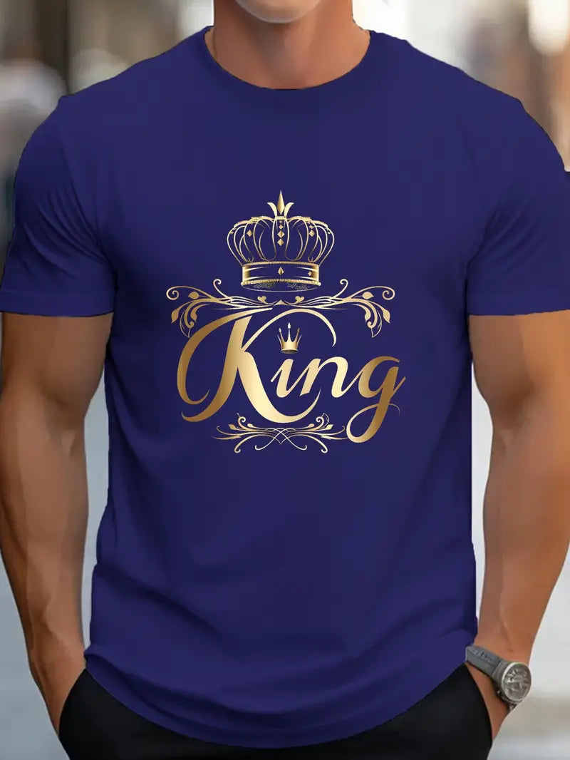 Camiseta masculina de algodão puro com design de coroa de rei em dourado