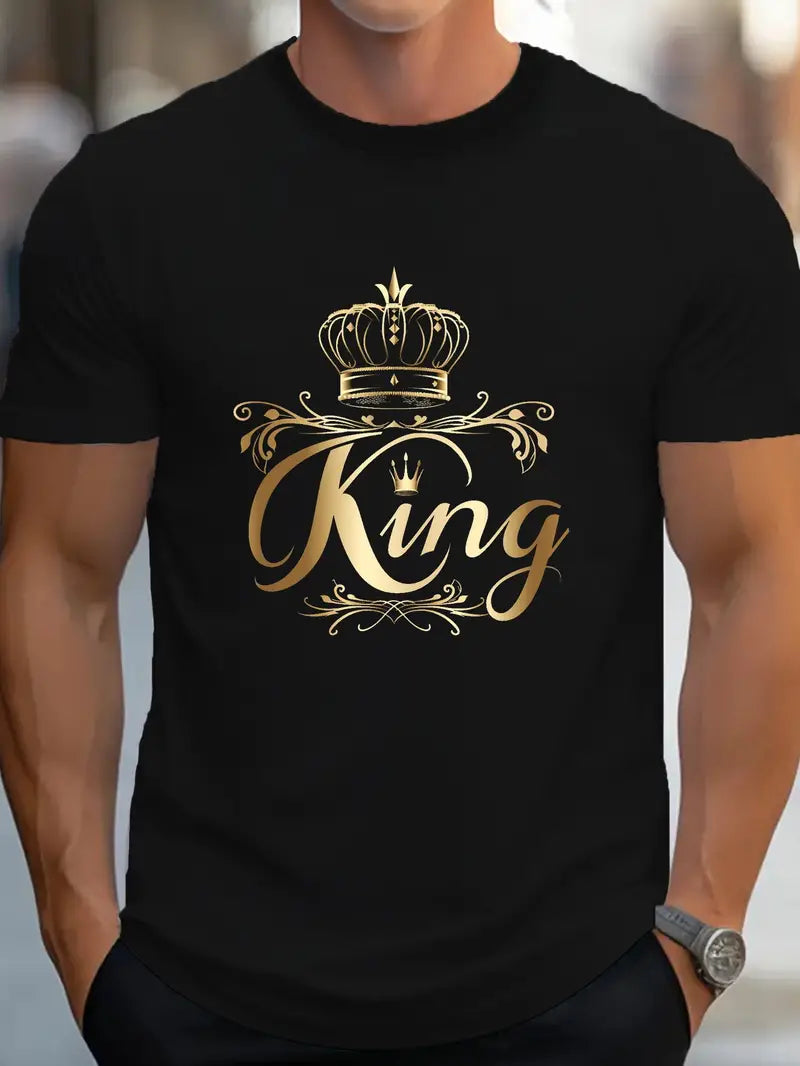 Camiseta masculina de algodão puro com design de coroa de rei em dourado