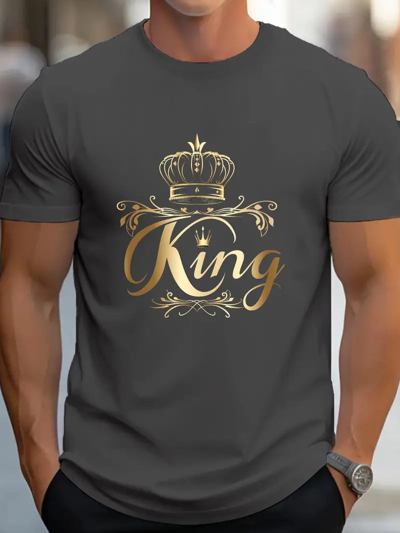 Camiseta masculina de algodão puro com design de coroa de rei em dourado