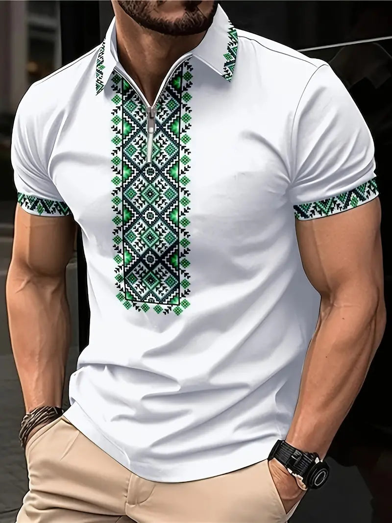 Camiseta de manga curta confortável e personalizada com padrão geométrico