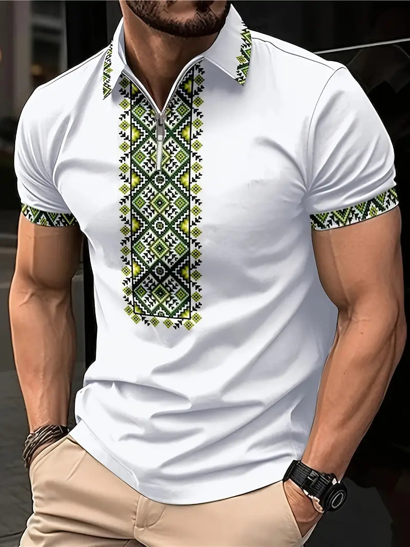 Camiseta de manga curta confortável e personalizada com padrão geométrico