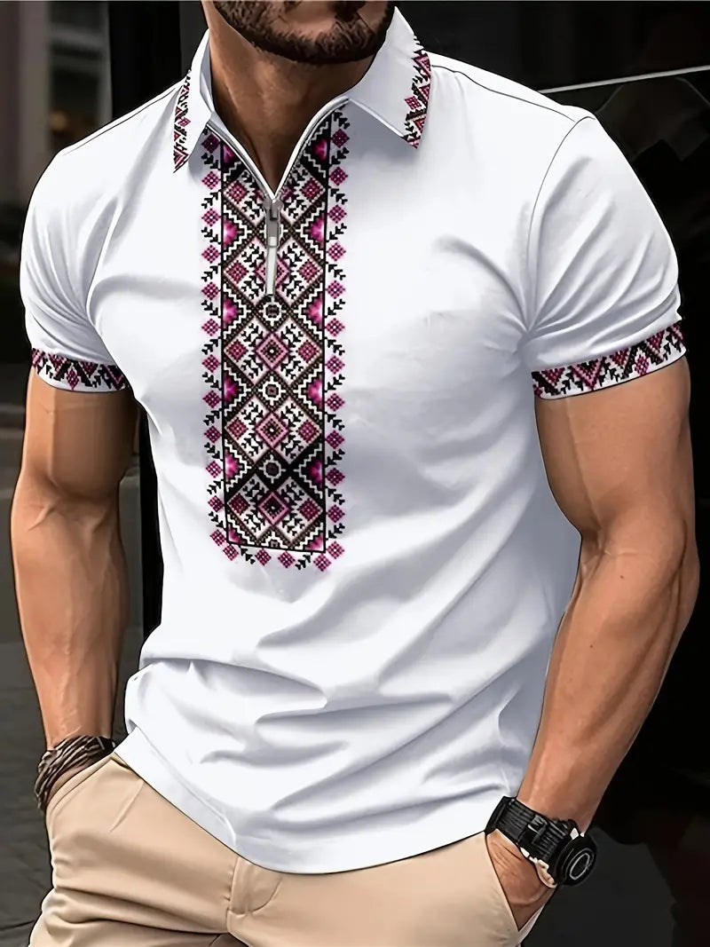 Camiseta de manga curta confortável e personalizada com padrão geométrico