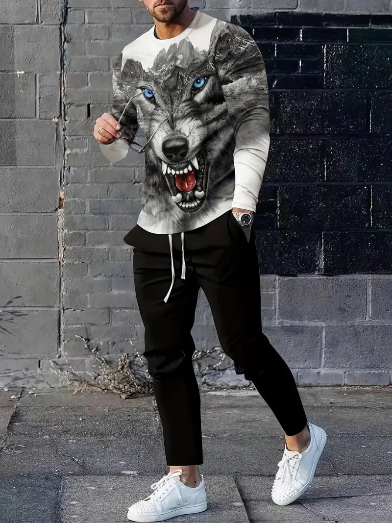 Conjunto de 2 peças de lazer de verão masculino, camiseta masculina de manga cumprida, gola redonda
