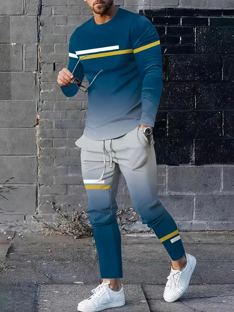 Conjunto de 2 peças de lazer de verão masculino, camiseta masculina de manga cumprida, gola redonda