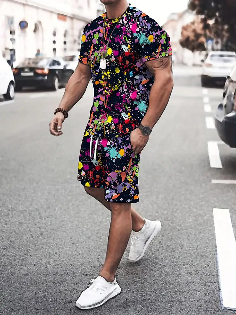 Conjunto de 2 peças de lazer de verão masculino, camiseta masculina de manga curta, gola redonda e shorts com cordão
