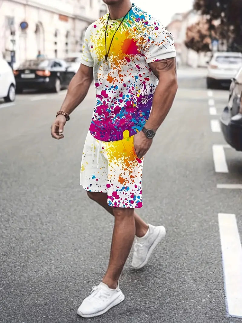 Conjunto de 2 peças de lazer de verão masculino, camiseta masculina de manga curta, gola redonda e shorts com cordão