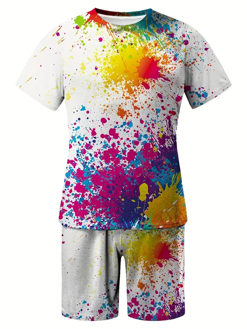 Conjunto de 2 peças de lazer de verão masculino, camiseta masculina de manga curta, gola redonda e shorts com cordão