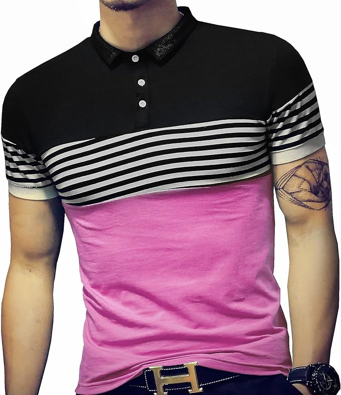 Camisetas masculinas slim fit contraste cor costura listrada manga curta polo casual
