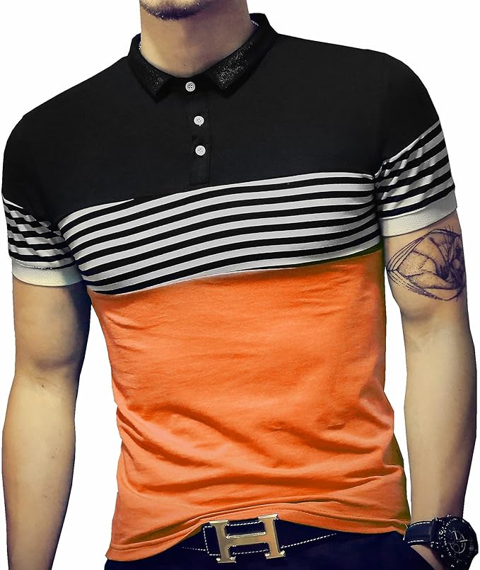 Camisetas masculinas slim fit contraste cor costura listrada manga curta polo casual