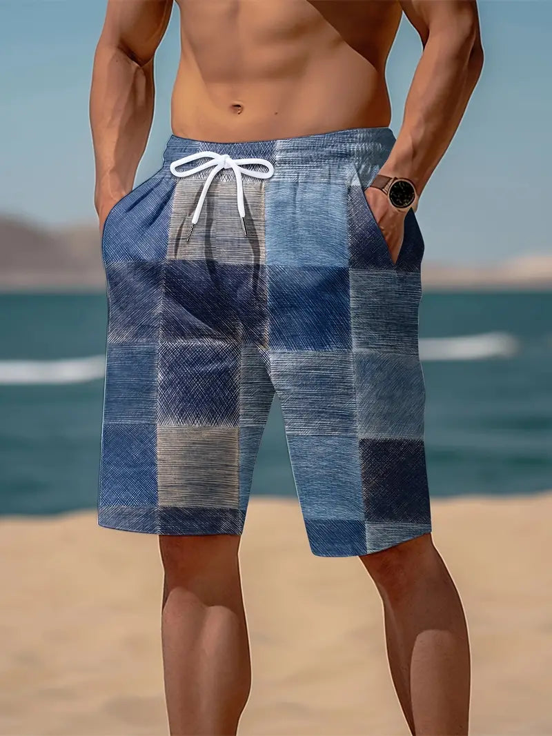 Shorts Casuais diários com estampa digital de blocos de cores retrô e cordão com bolsos para esportes