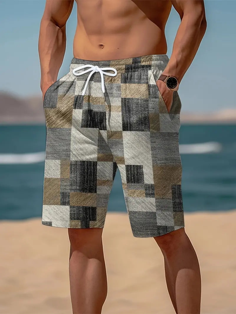 Shorts Casuais diários com estampa digital de blocos de cores retrô e cordão com bolsos para esportes