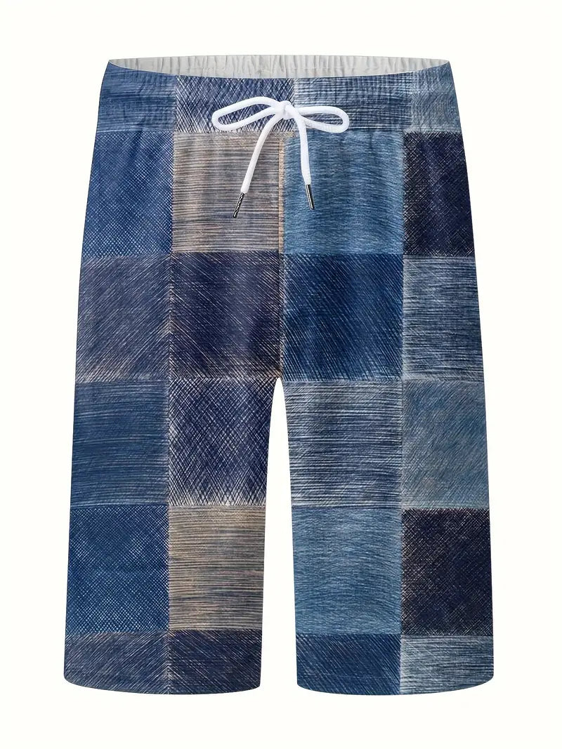 Shorts Casuais diários com estampa digital de blocos de cores retrô e cordão com bolsos para esportes