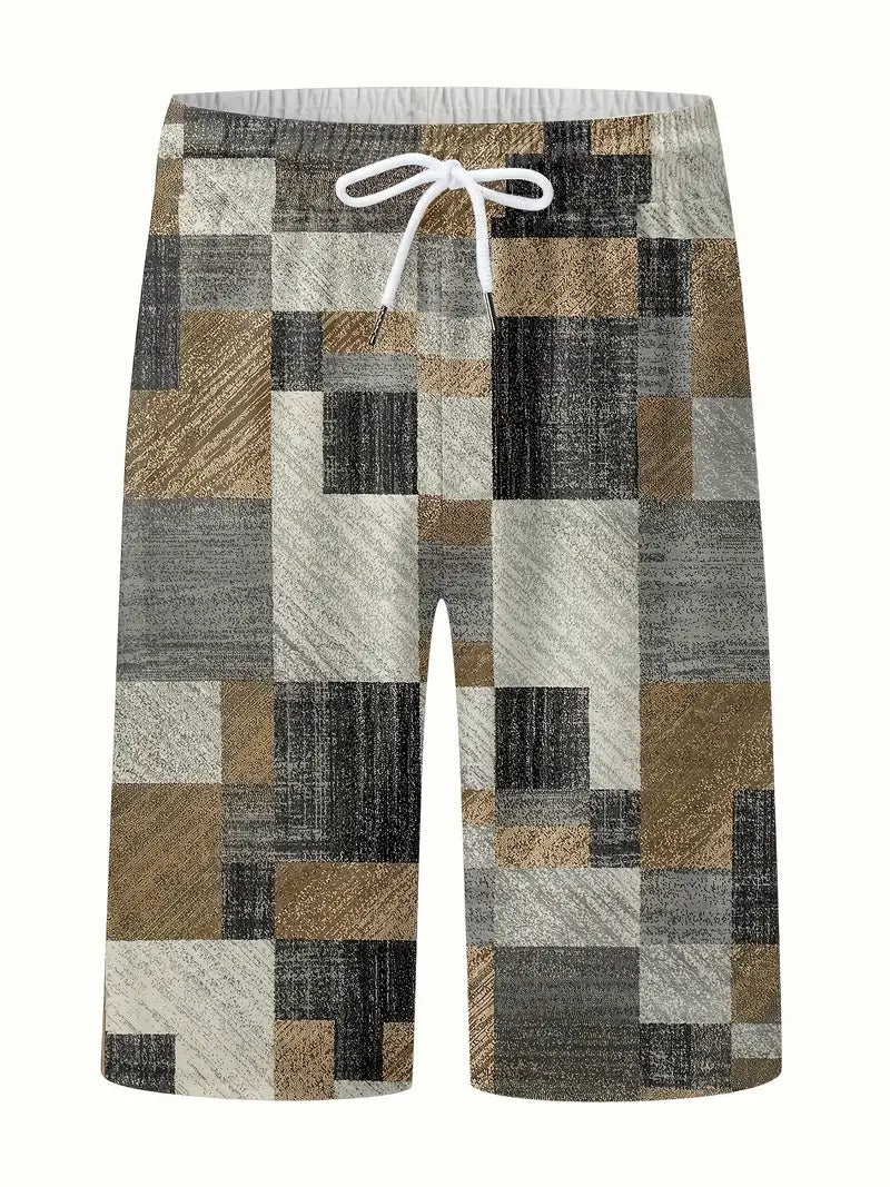 Shorts Casuais diários com estampa digital de blocos de cores retrô e cordão com bolsos para esportes