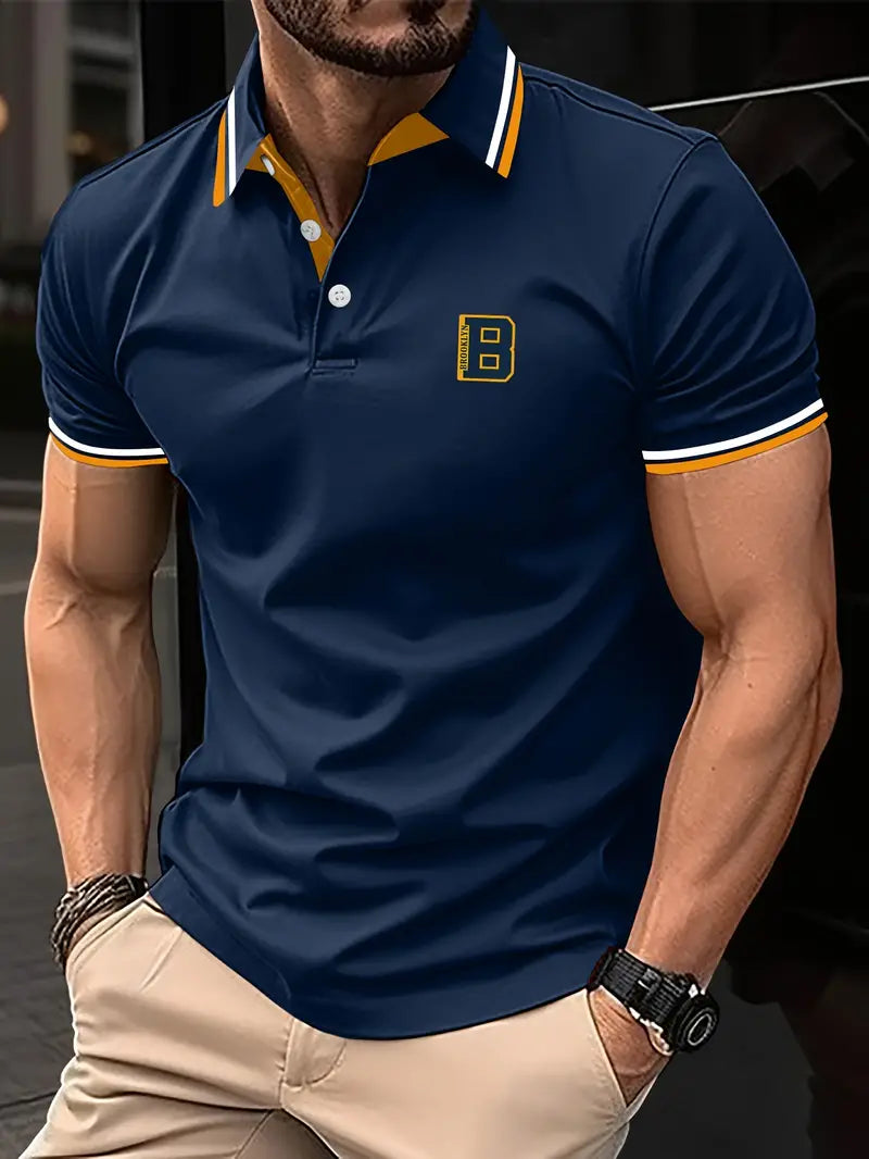 Camiseta masculina com estampa de letras simples e bloco de cores, com botões e gola, Ideal para o dia á dia