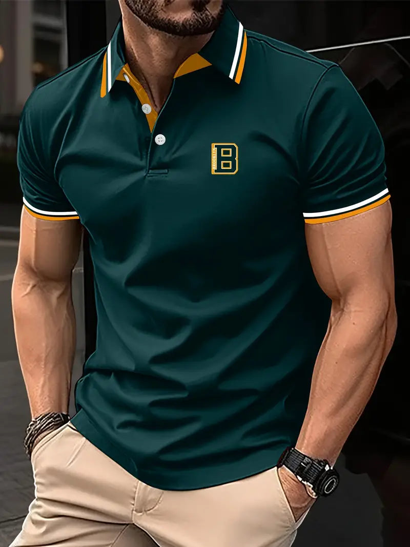 Camiseta masculina com estampa de letras simples e bloco de cores, com botões e gola, Ideal para o dia á dia