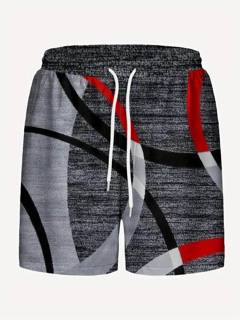 Shorts masculinos com padrão geométrico e cordão, com bolsos, ideal para Passeios