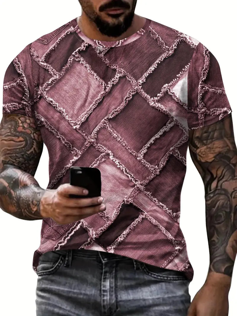 Camiseta com padrão de retalhos em denim 3D, com gola redonda e mangas curtas