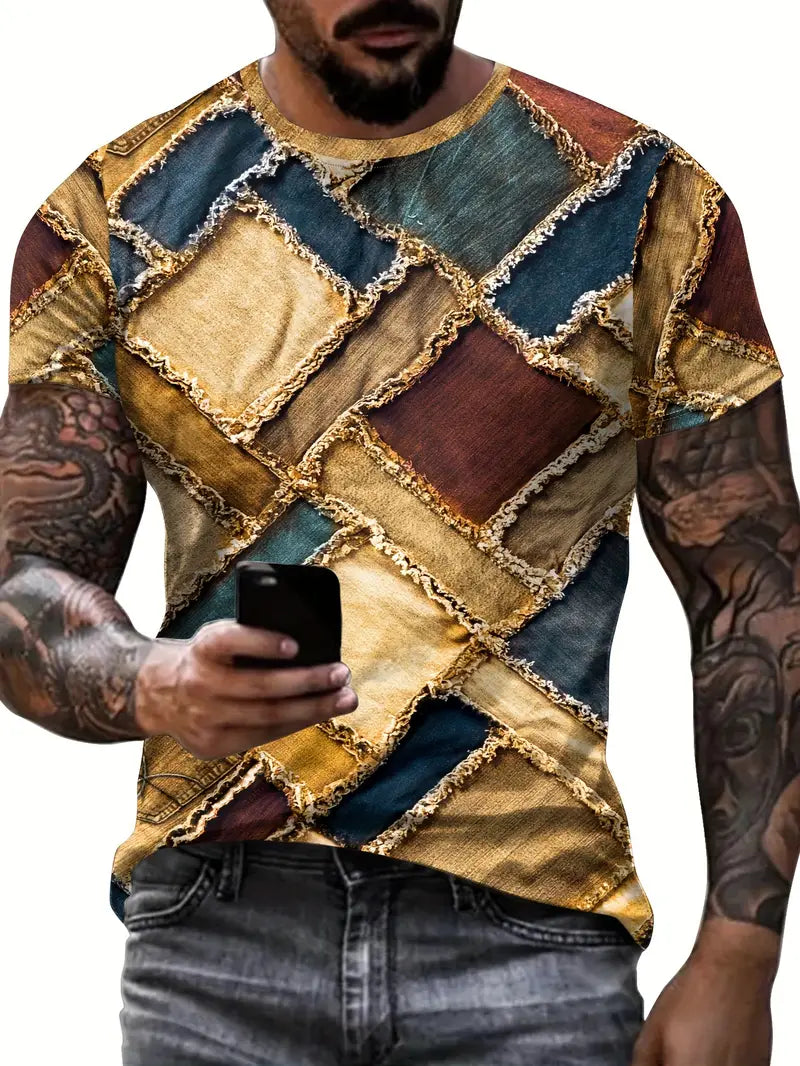 Camiseta com padrão de retalhos em denim 3D, com gola redonda e mangas curtas