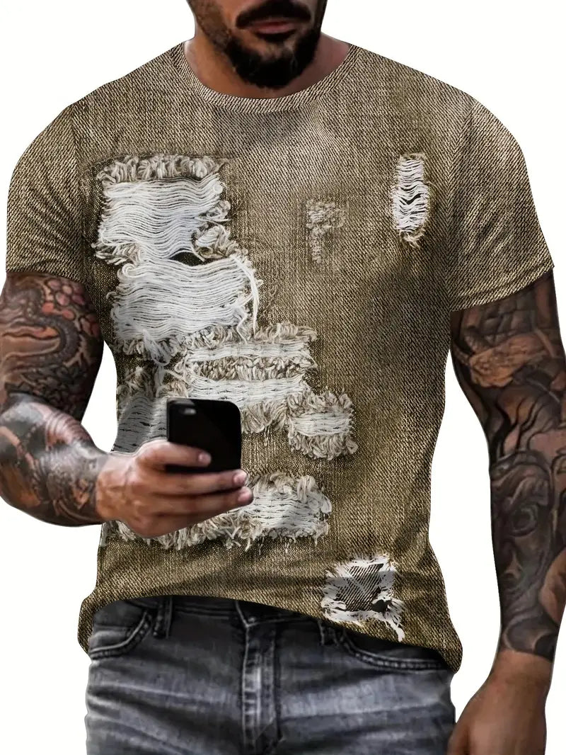 Camiseta criativa de manga curta com Estampa digital de Jeans Rasgado