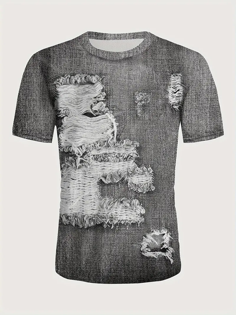 Camiseta criativa de manga curta com Estampa digital de Jeans Rasgado