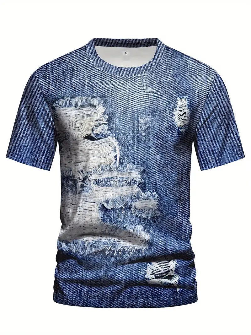 Camiseta criativa de manga curta com Estampa digital de Jeans Rasgado