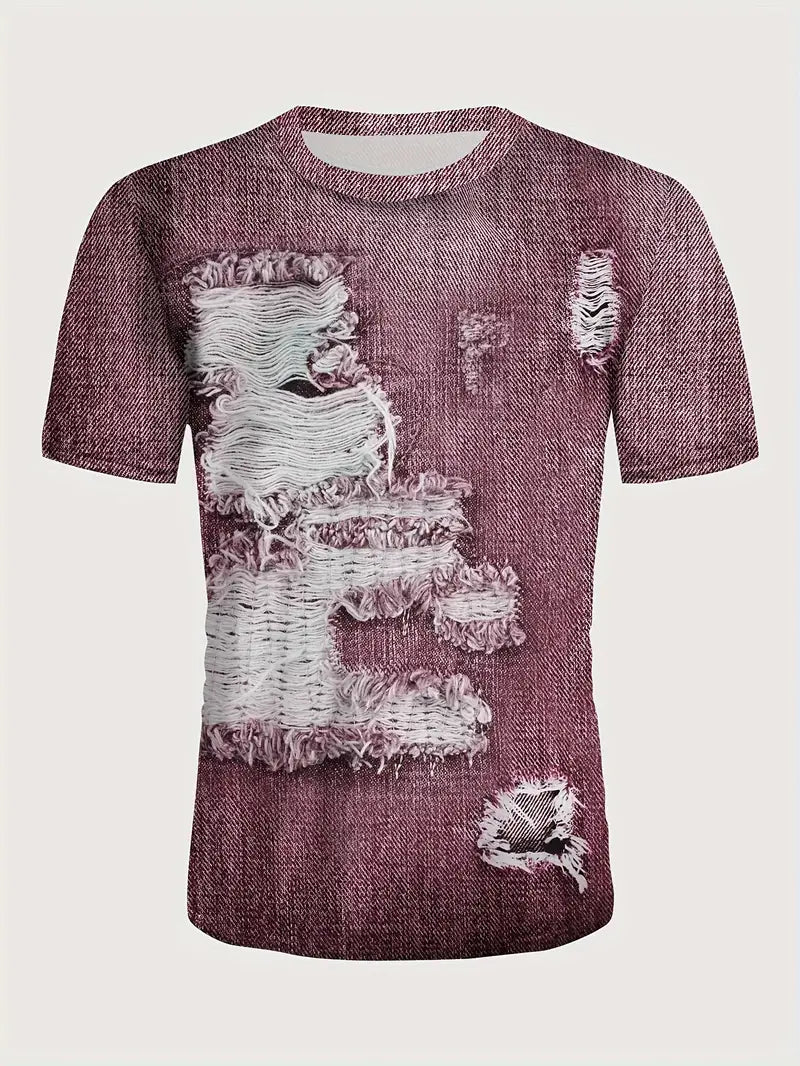 Camiseta criativa de manga curta com Estampa digital de Jeans Rasgado