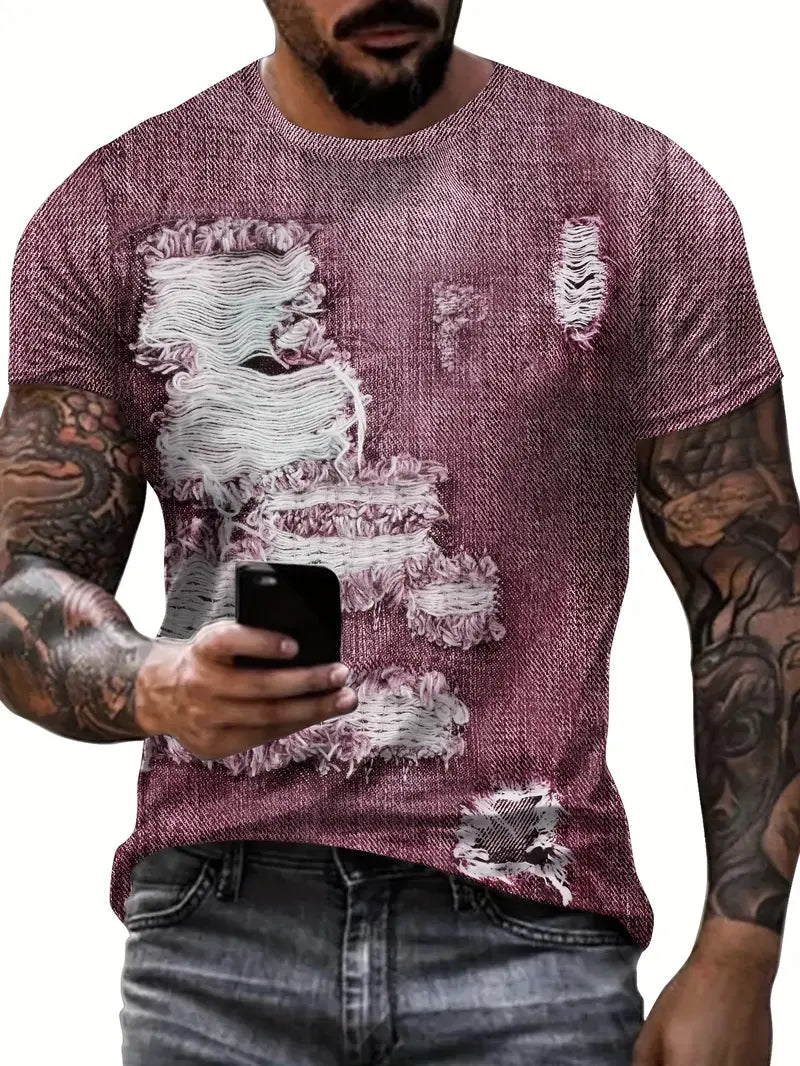 Camiseta criativa de manga curta com Estampa digital de Jeans Rasgado