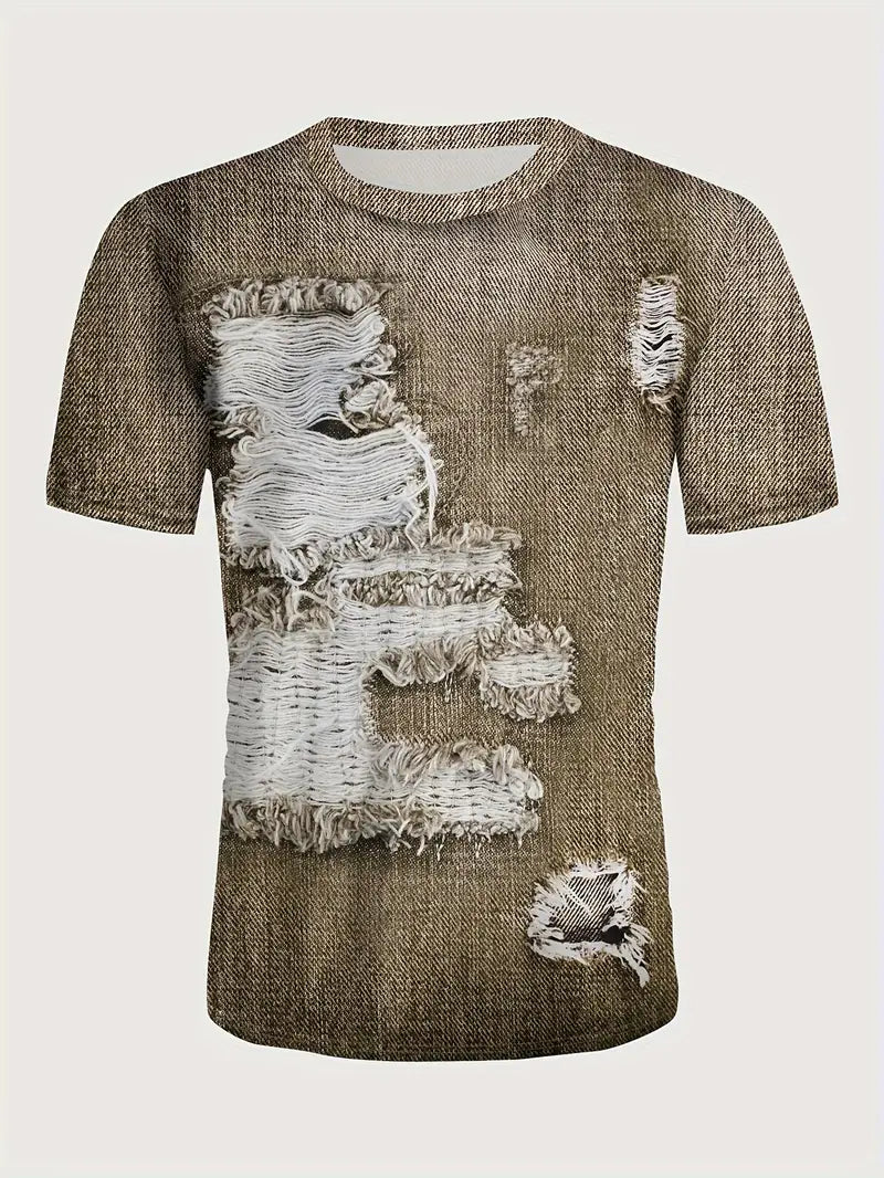 Camiseta criativa de manga curta com Estampa digital de Jeans Rasgado