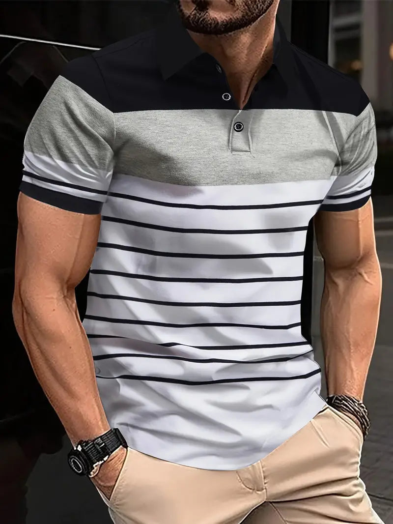 Camiseta de golfe listrada masculina, casual e respirável, com meio botão e mangas curtas
