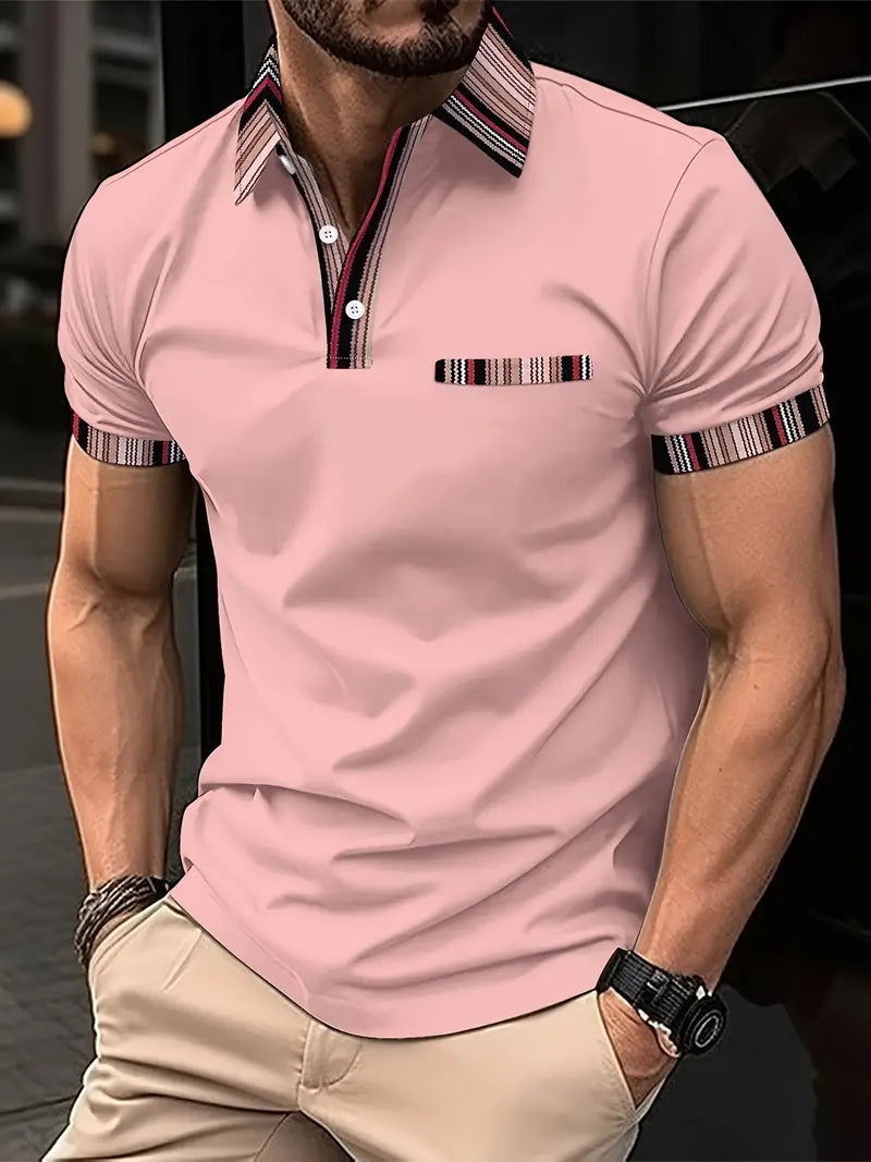 Camiseta de Golfe com gola listrada, ajuste regular e respirável, camiseta casual de manga Curta Com Decote Em V