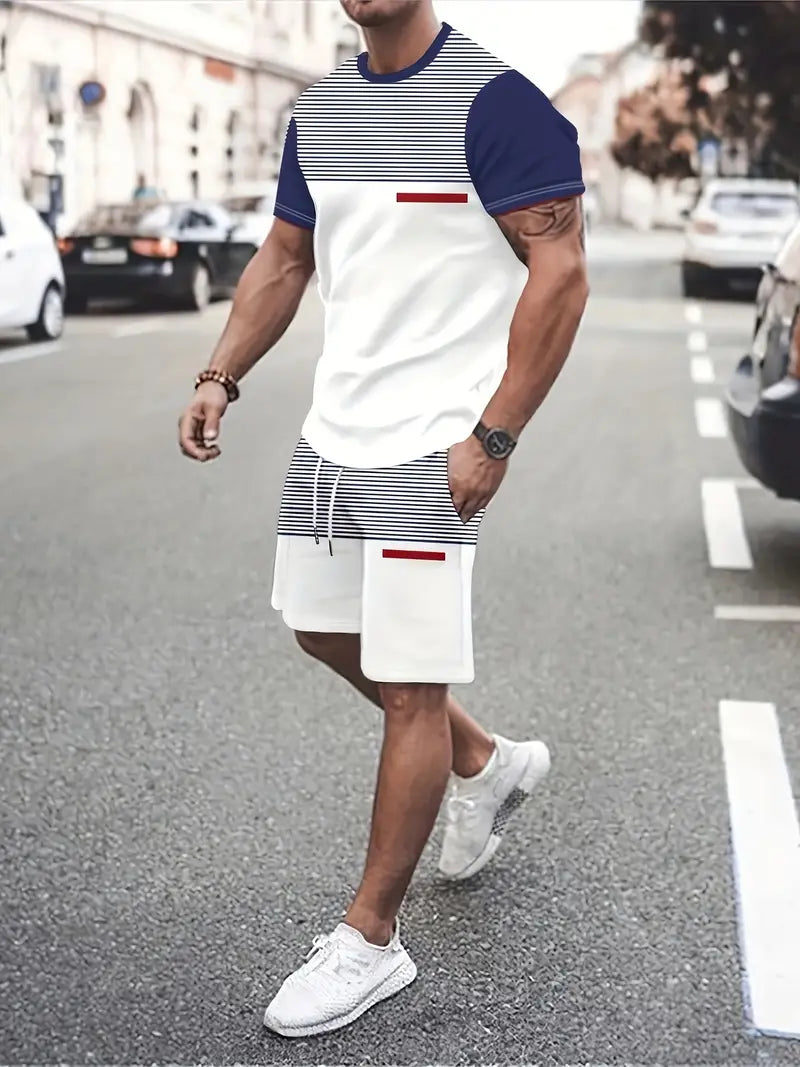 Conjunto de 2 peças de lazer de verão masculino, camiseta masculina de manga curta, gola redonda e shorts com cordão